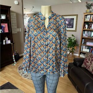 Melloday sheer blue, gold & black long sleeve Vneck blouse-size L